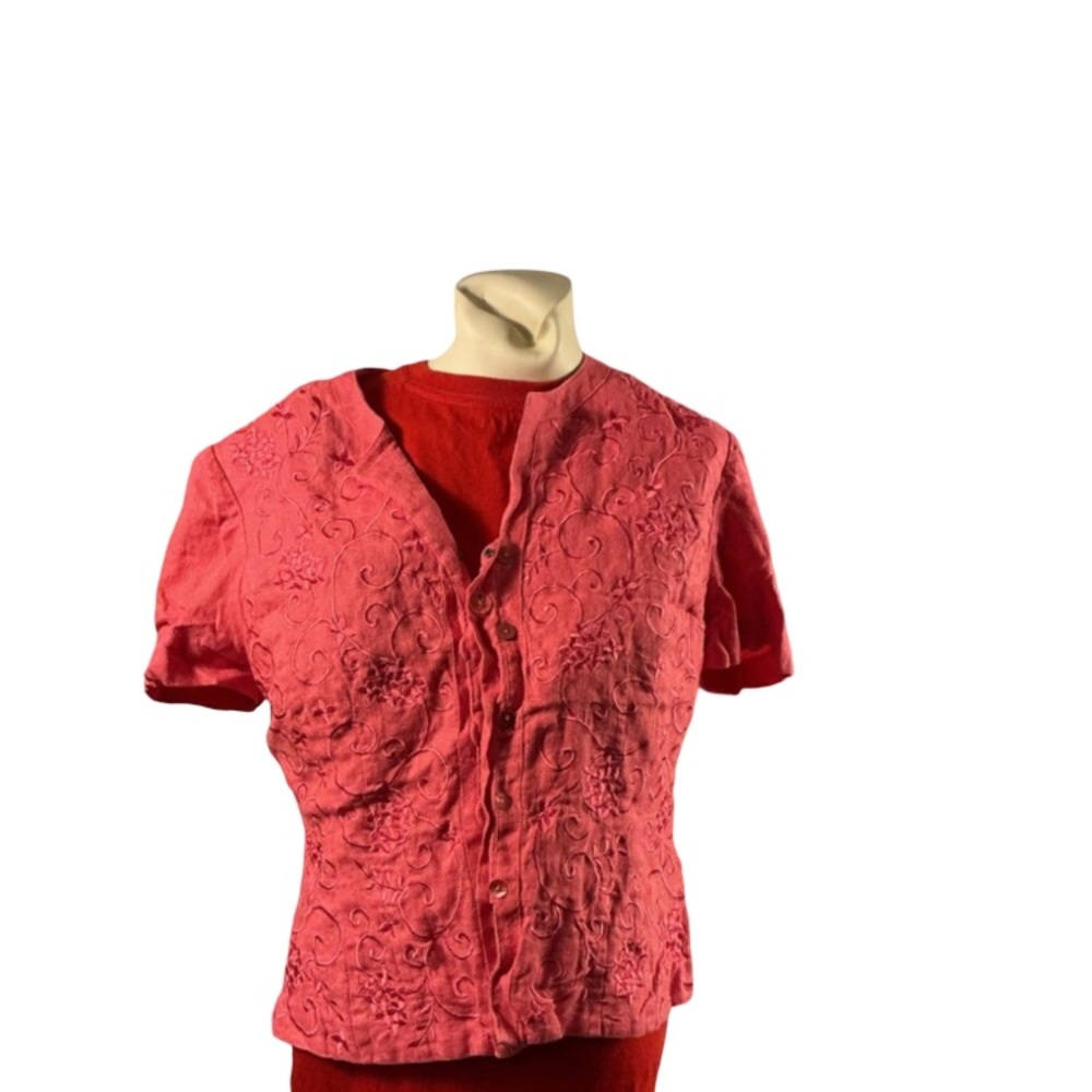 VINTAGE Women's Pink Embroidered Short-Sleeve Button Cardigan Suit Set